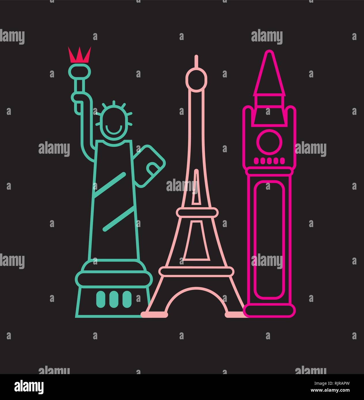 Landmarks - néons sur noir. Vector illustration isolé.Statue de la liberté, Big Ben, la Tour Eiffel. Illustration de Vecteur