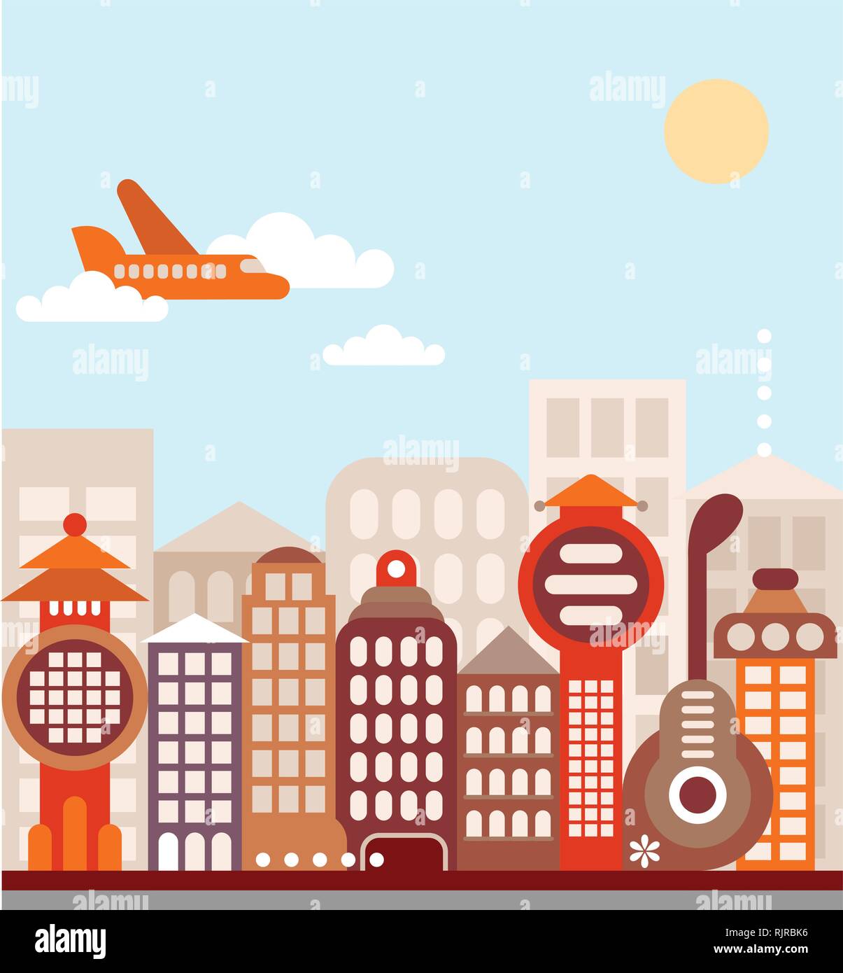 Ville. Paysage urbain avec des immeubles de bureaux modernes - vector illustration. Avion de passagers volant dans le ciel bleu. Illustration de Vecteur