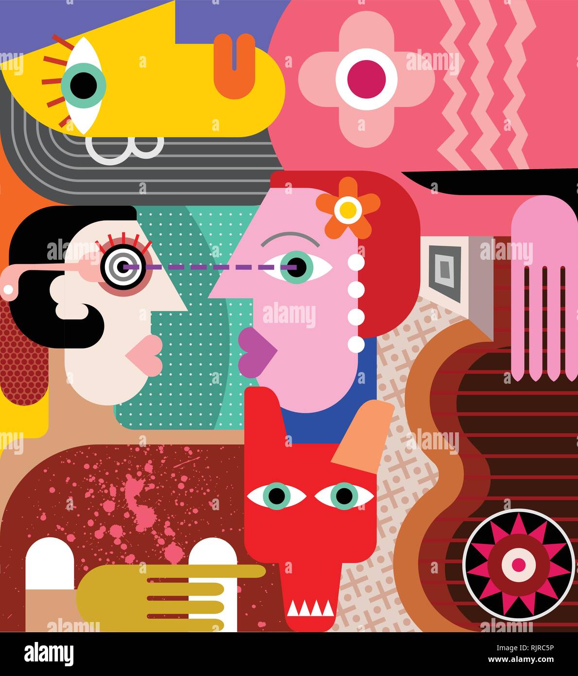 Trois femmes avec un gros chien sale deux femmes à la recherche dans les yeux de chacun. Fine art moderne illustration vectorielle. Illustration de Vecteur