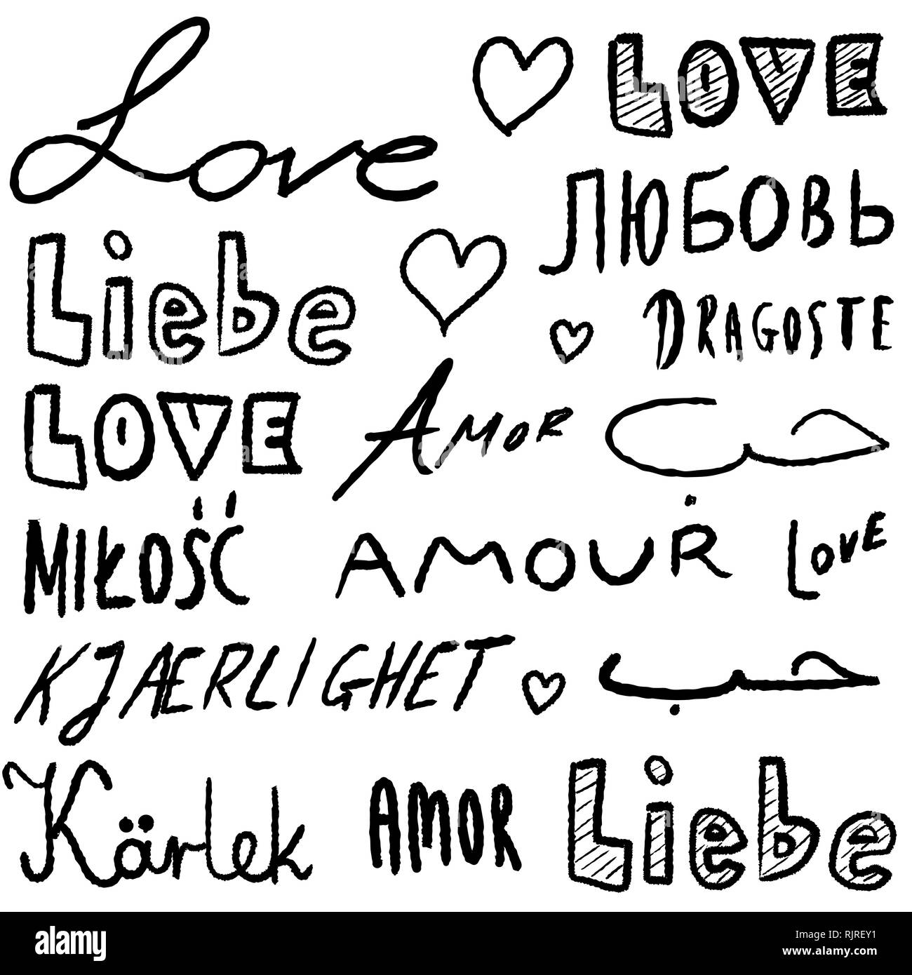 L'amour des mots dans différentes langues - vector illustration texte manuscrit. Illustration de Vecteur