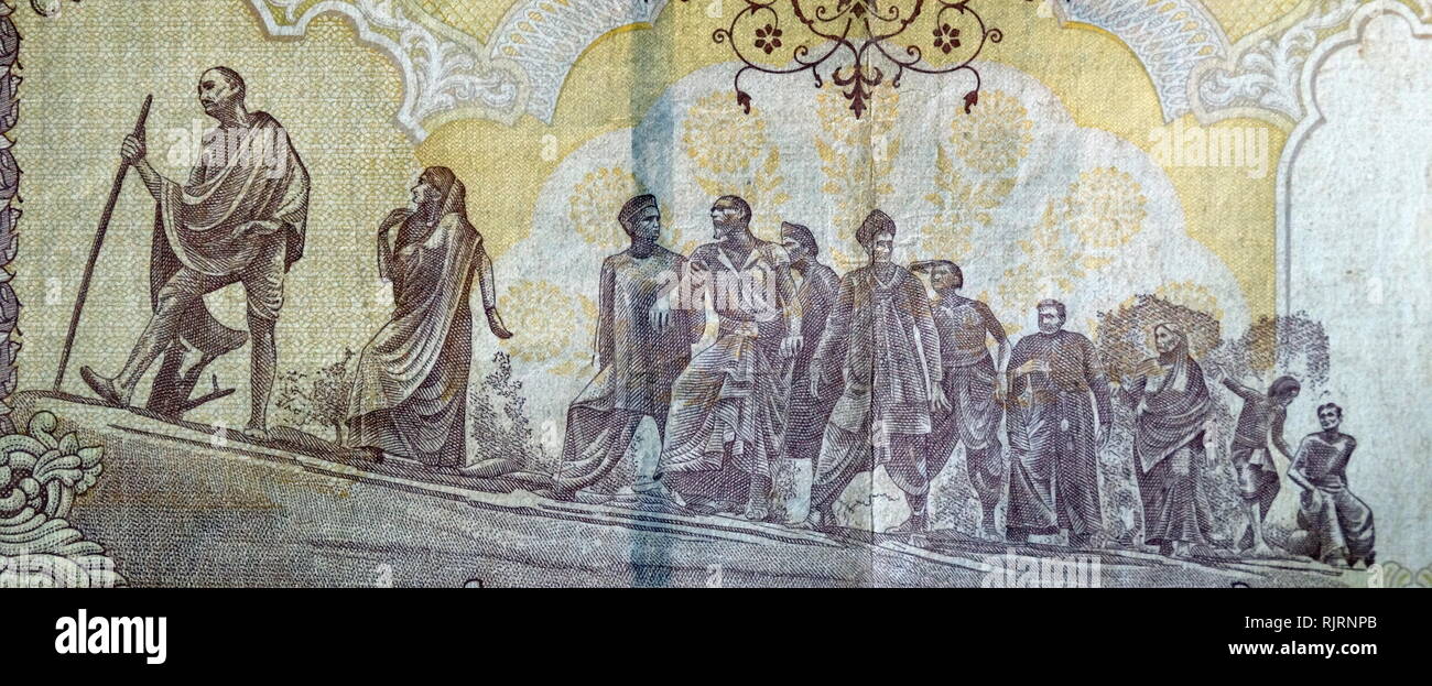 La marche arrière de la roupie 500 euros, utilisé en Inde, entre octobre 1997 et novembre 2016. L'inscription indique le sel, également connu sous le nom de Dandi mars et le Dandi satyâgraha, était un acte de désobéissance civile non-violente dans l'Inde coloniale menée par Mohandas Karamchand Gandhi pour produire du sel de la mer dans le village côtier de Dandi en 1930. Il s'agissait d'une campagne d'action directe de la résistance fiscale et de protestation non violente contre le monopole du sel britannique Banque D'Images