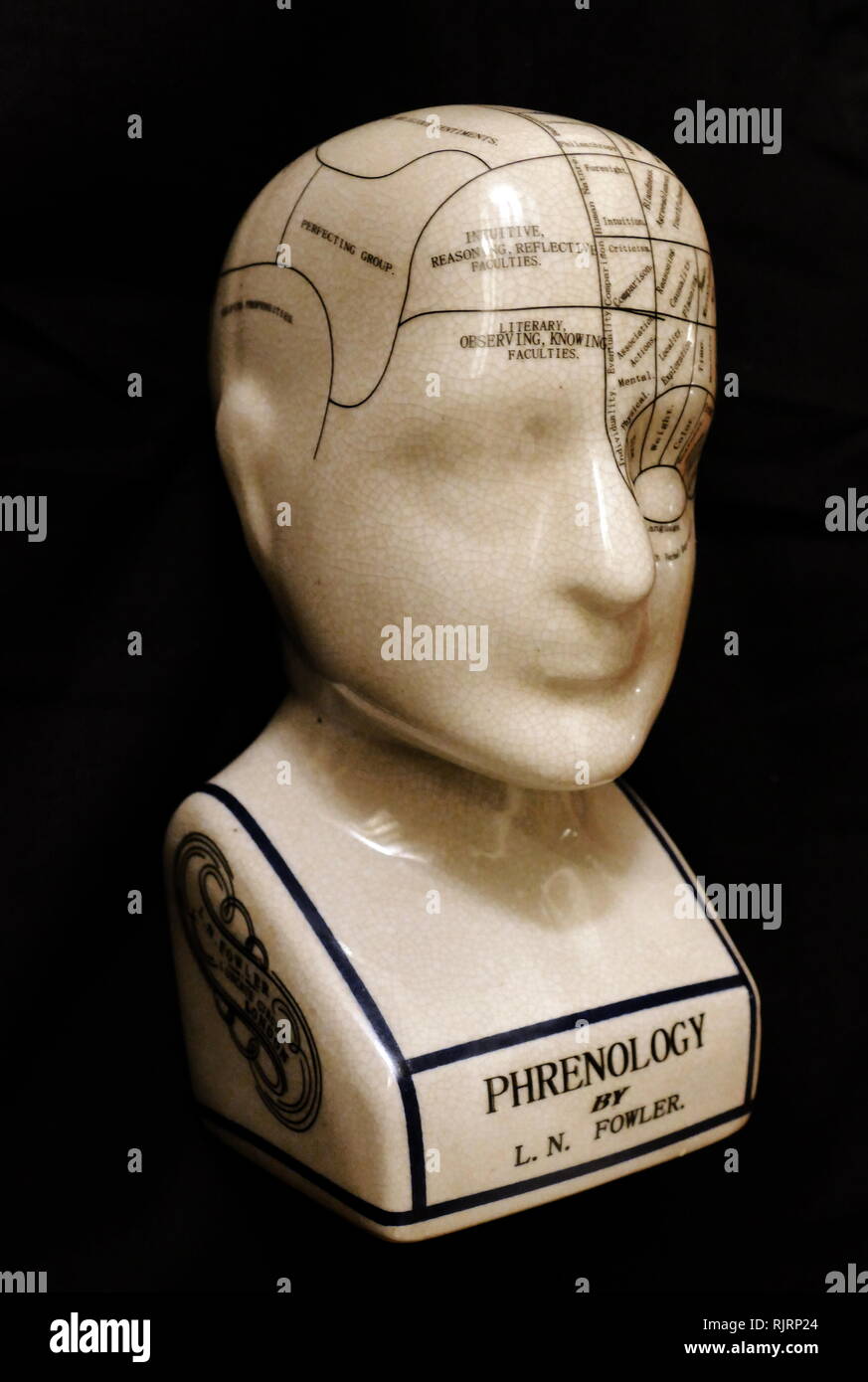 Chef Phrenological montrant tableau des zones du cerveau. La phrénologie est un pseudo médecine, principalement axée sur des mesures de crâne humain, basé sur l'idée que le cerveau est l'organe de l'esprit, et que certaines zones du cerveau ont des fonctions spécifiques, localisées ou des modules. Mis au point par le médecin allemand Franz Joseph Gall en 1796, la discipline était très populaire au 19ème siècle Banque D'Images