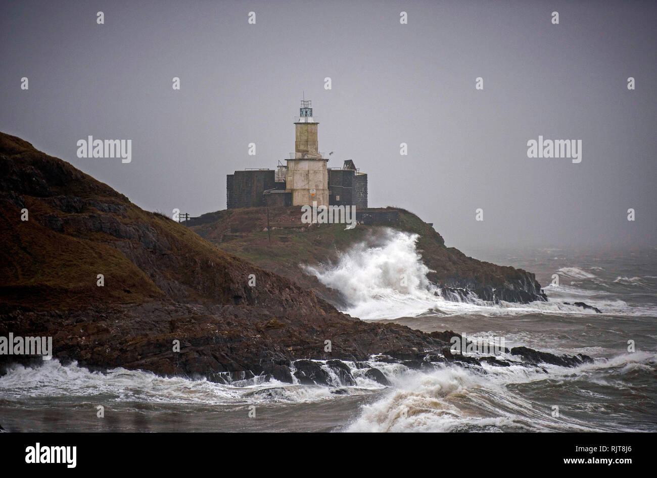 Limeslade Bay, Swansea, Pays de Galles. Le 08 février, 2019. Smash dans les vagues rochers Phare Mumbles Bracelet à Bay près de Swansea ce matin que la zone est battue par les fortes tempêtes du sud-ouest. Credit : Phil Rees/Alamy Live News Banque D'Images