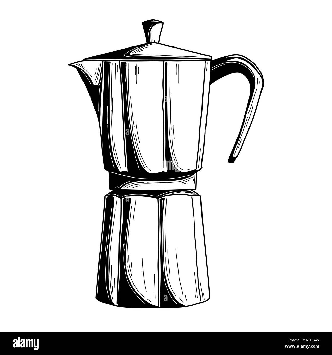 Croquis d'une cafetière. Cafetière isolé sur fond blanc. Vector Illustration de Vecteur