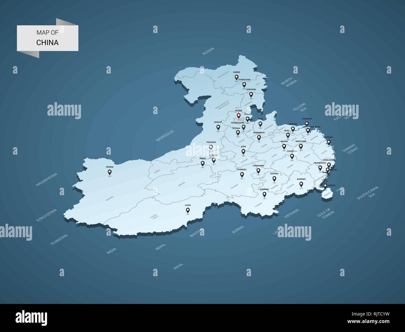 3D isométrique China map, vector illustration avec les villes, les frontières, les capitaux, les divisions administratives et marques ; pointeur fond bleu dégradé. Con Illustration de Vecteur
