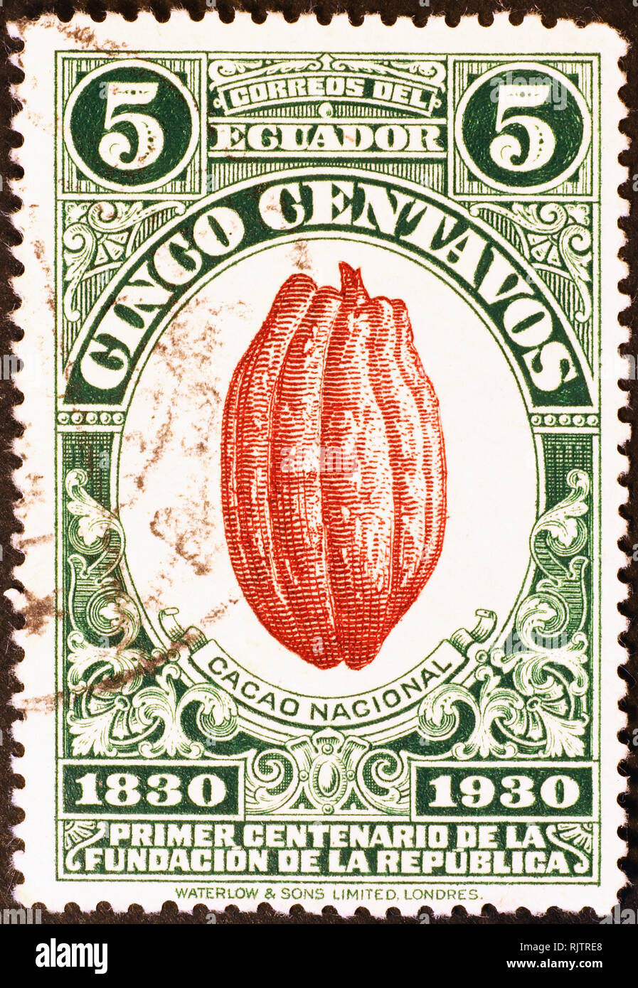 Fruits de cacao sur le timbre de 20's Banque D'Images