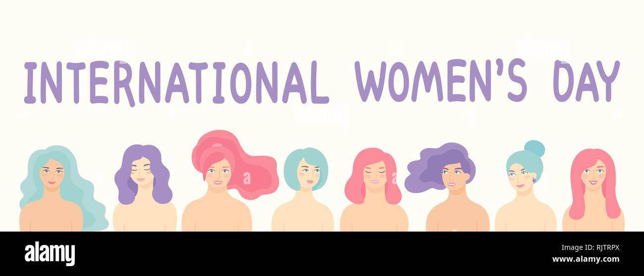Vector cartoon design plat pour la Journée internationale de la femme 8 mars Vacances avec différentes femmes. Illustration de Vecteur