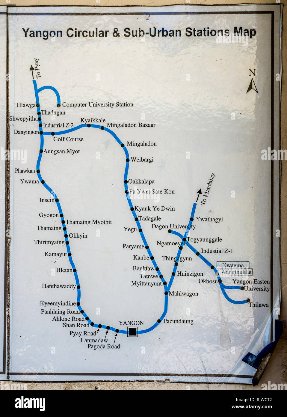 Yangon et circulaire carte des stations suburbaines Banque D'Images