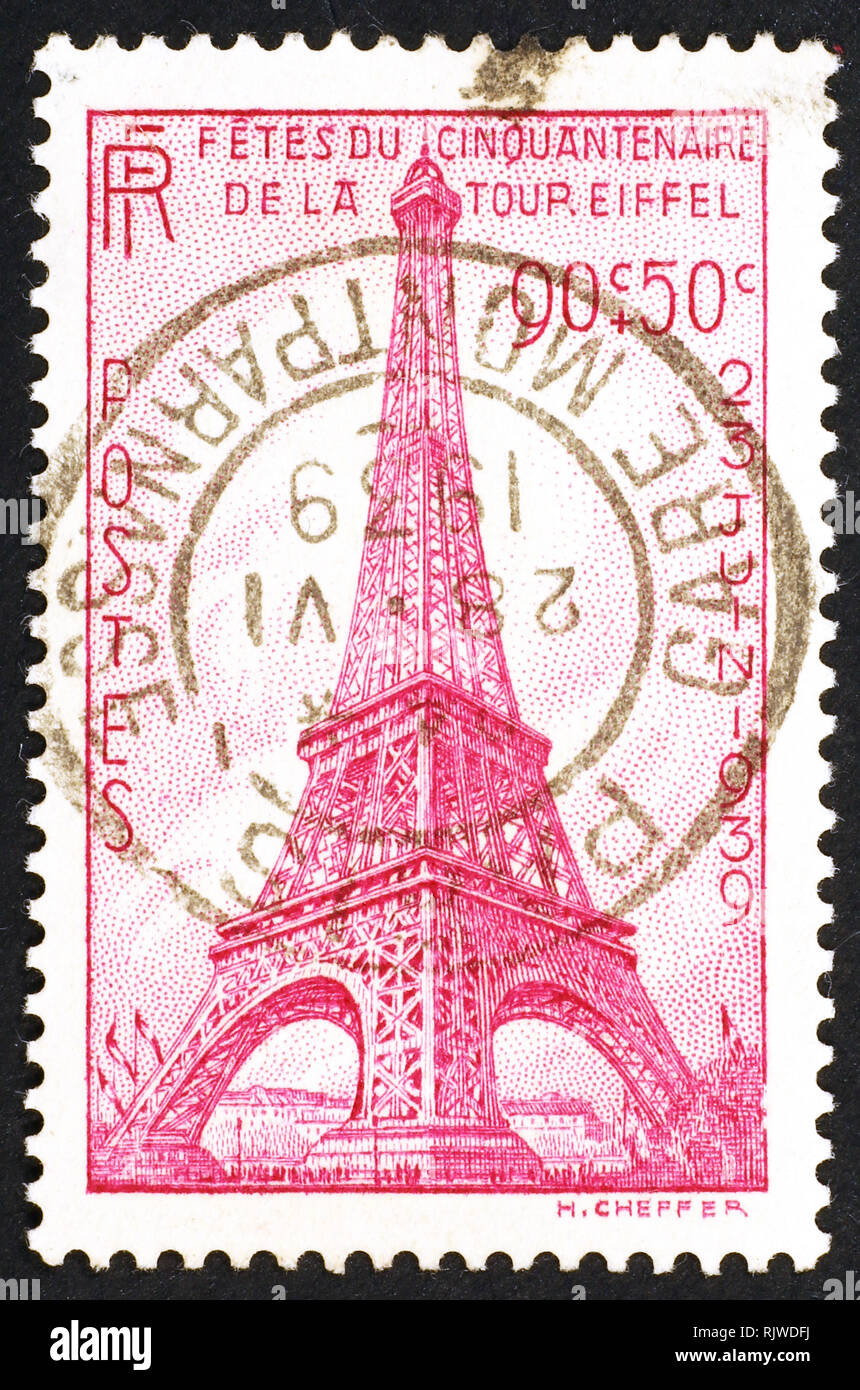 Timbre vintage français célèbre Tour Eiffel Banque D'Images
