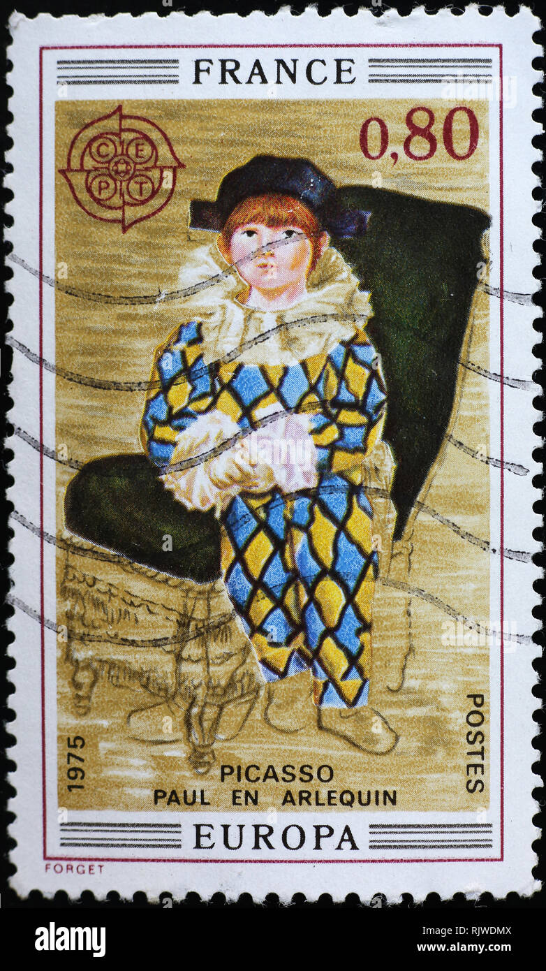 Peinture 'Paul en arlequin' par Picasso sur stamp Banque D'Images