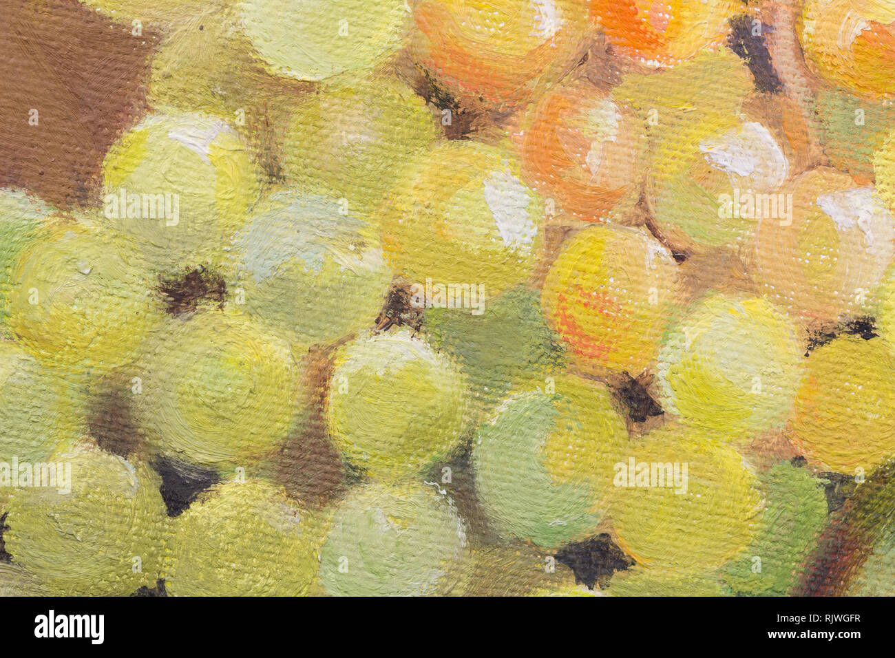 Raisins sur toile, véritable peinture à l'huile de raisin vert close up - partie de peinture originale Banque D'Images