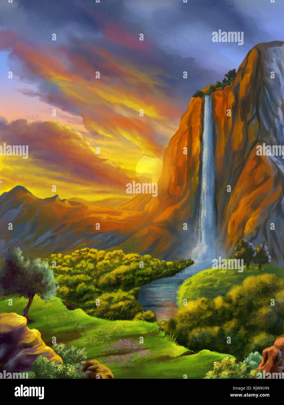 Imaginaire Paysage avec chute d'eau au coucher du soleil. Peinture numérique. Banque D'Images