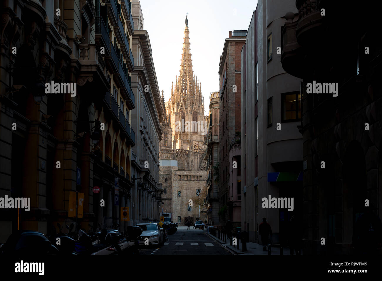 Panorama de la cathédrale de Barcelone de la Sainte Croix et Sainte Eulalia au matin , Barri Quartier Gothique de Barcelone, Catalogne, Espagne. Banque D'Images