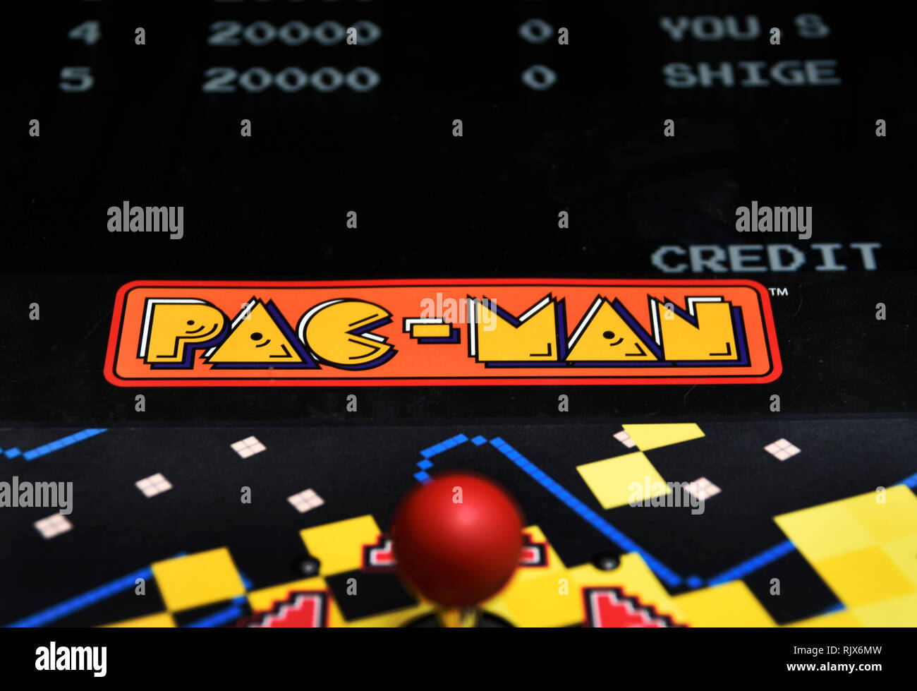 Détail de la machine d'arcade Pac-Man dans un centre commercial aux Etats-Unis Banque D'Images