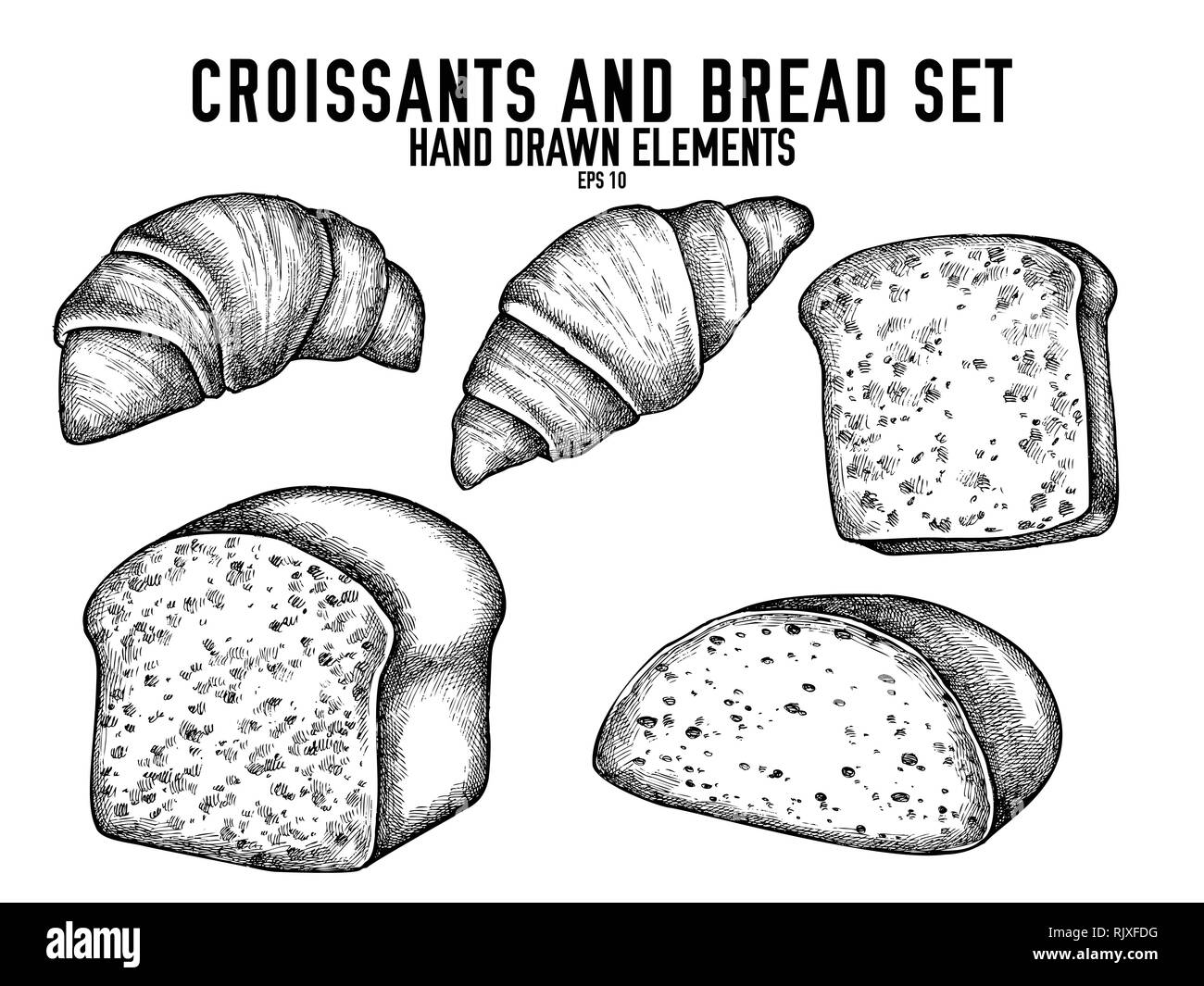 Vector collection de noir et blanc dessiné à la main des croissants et du pain Illustration de Vecteur
