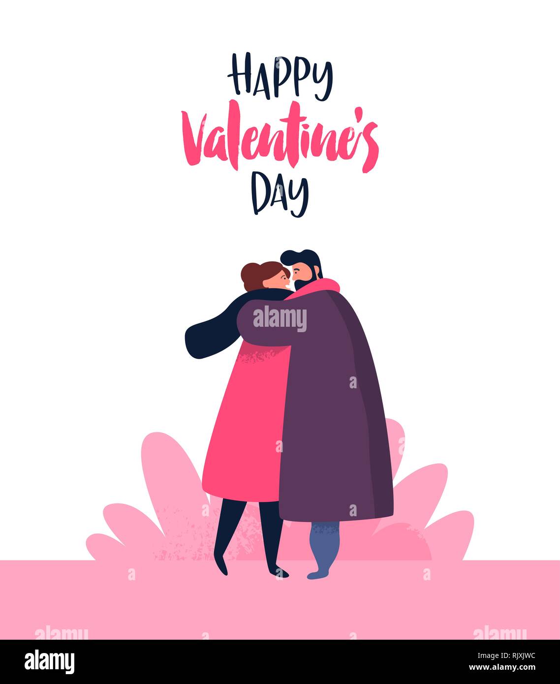 Happy Valentines Day illustration cartoon character. Jeune couple hugging pour date romantique concept. Petit ami et petite amie en amour avec maison de tex Illustration de Vecteur