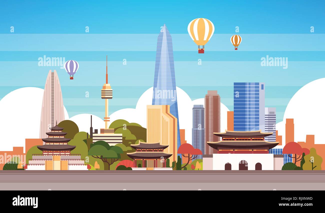 Arrière-plan de la ville de Séoul Vue sur l'horizon avec de l'air Vols en montgolfière au dessus des gratte-ciel et monuments célèbres Illustration de Vecteur