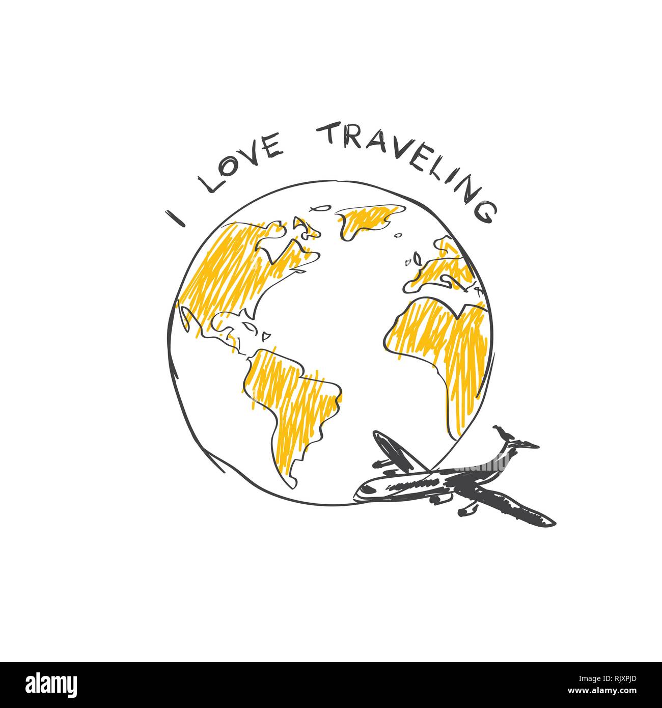 J'aime Trabeling Airplane Flying Logo Croquis autour de World Globe isolé sur fond blanc Illustration de Vecteur