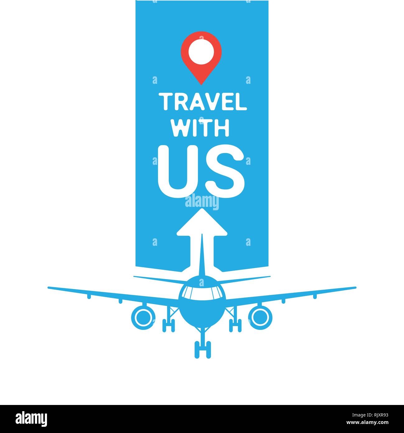 Voyager avec nous Agence de voyage Modèle affiche ou d'avions Logo sur fond bleu Silhouette Concept Tourisme Illustration de Vecteur