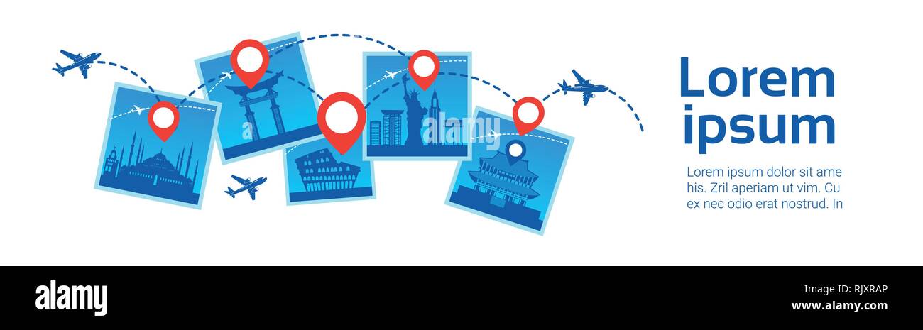 Sites Destanations la Corée Voyage Concept avion voler plus célèbres édifices de l'arrière-plan Modèle Illustration de Vecteur