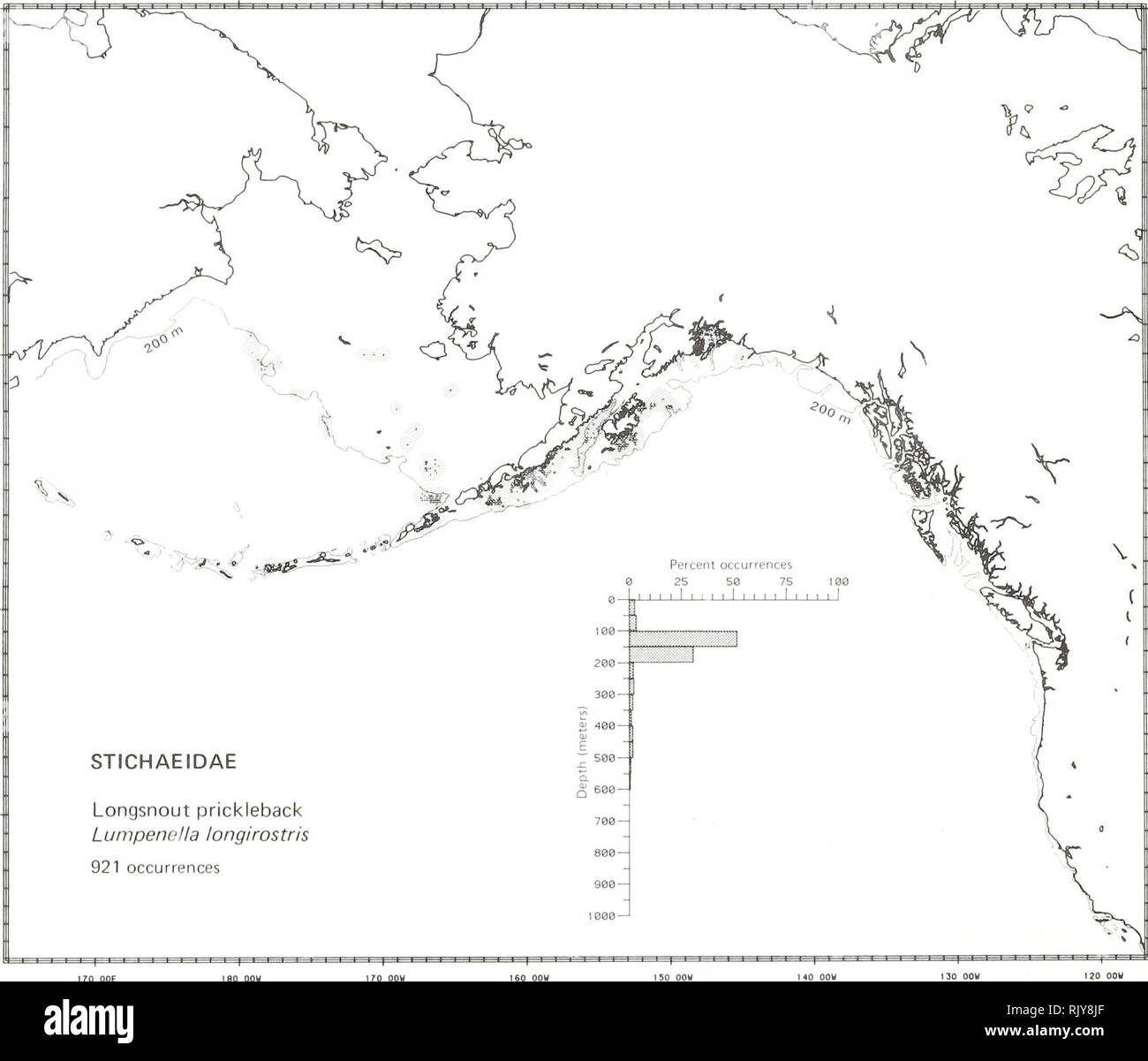 . Atlas et la zoogéographie des poissons communs dans la mer de Béring et du Pacifique Nord-Est / M. James Allen, Gary B. Smith. La répartition géographique des poissons de la mer de Béring.. PRICKLEBACK » Lumpenella LONGSNOUT, longirostris (Evermann et Goldsborough, 1907) : la littérature à des Stichaeidae rapporté de la mer d'Okhotsk à la mer de Béring et le sud-est de Burrard Inlet, en Colombie-Britannique (Quast et Hall, 1972 ; Howe, 1981 ; Eschmeyer et Herald 1983), à des profondeurs de 91 à 600 m (Fedorov, 1973a ; Eschmeyer et Herald 1983). Les données d'enquête a trouvé de Navarin Canyon sur le versant nord-ouest de l'est de la mer de Béring Banque D'Images