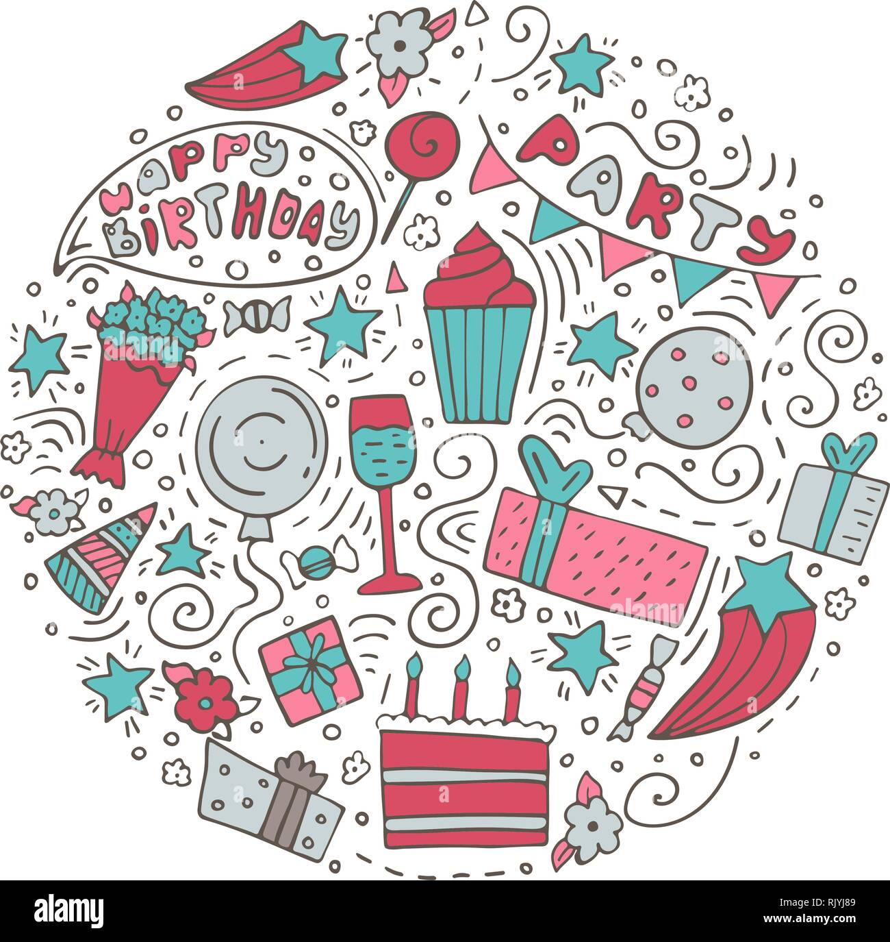 A La Main Serie De Gribouillages A L Encre D Anniversaire Joyeux Anniversaire Carte De Vœux Forme Ronde Image Vectorielle Stock Alamy