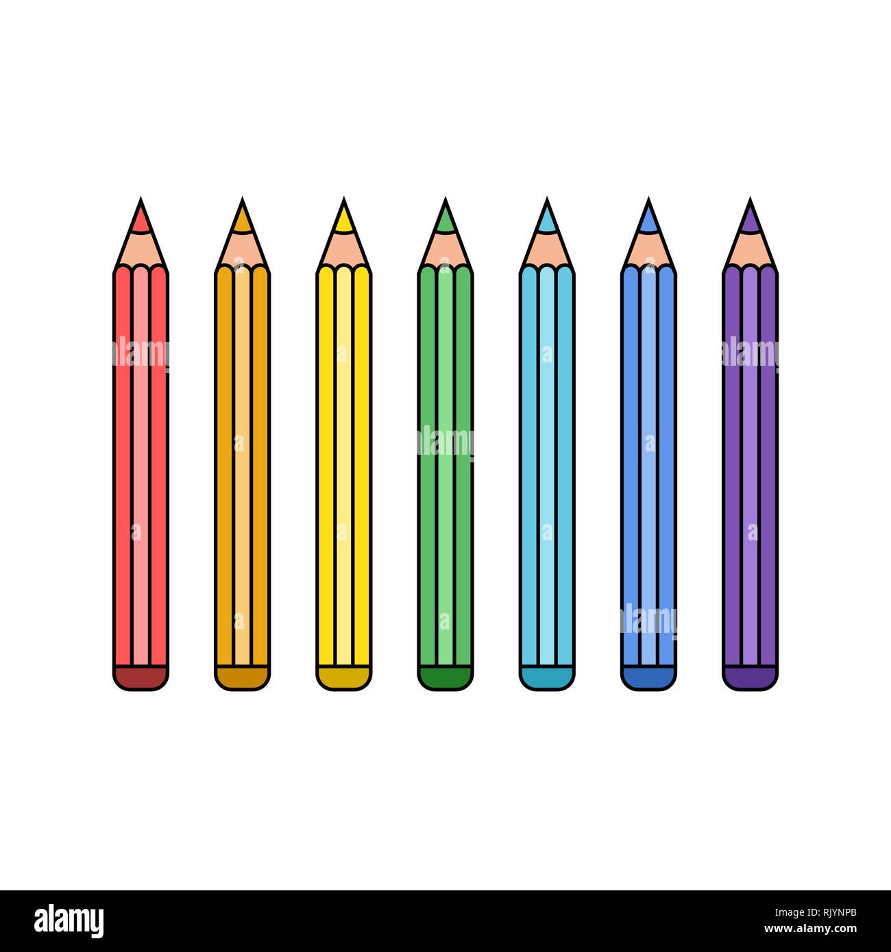 Multi de crayons colorés en style de ligne. Sept couleurs de l'arc en ciel. Une sélection pour l'école, le travail ou la créativité. Vector illustration. Illustration de Vecteur