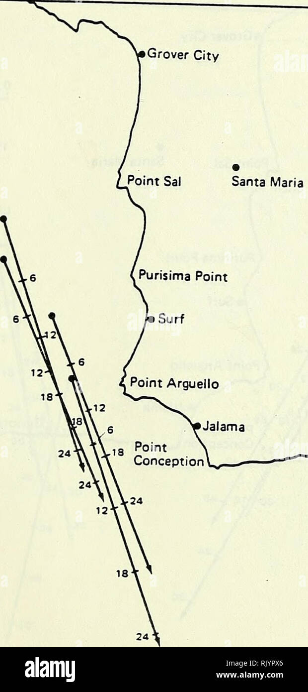 . Évaluation de passé, le présent et l'avenir les risques de déversements de pétrole dans et près de l'actuelle gamme de loutres de mer en Californie. Loutre de mer ; les déversements de pétrole et la faune. 121°  J Grover Point Ville Sal Santa Maria. L'île San Miguel La Figure 2-6. La PRÉVISION DU MOUVEMENT DE DÉVERSEMENT-AVRIL 120° miles marins 1" •environ 11 milles marins au mouvement • Directron Déversement dans 12 .Gaviota Charbon Pétrole Poinr -35° ^^ Santa Rosa Island . Veuillez noter que ces images sont extraites de la page numérisée des images qui peuvent avoir été retouchées numériquement pour plus de lisibilité - coloration et l'aspect de ces illustrations ne peut pas perfec Banque D'Images