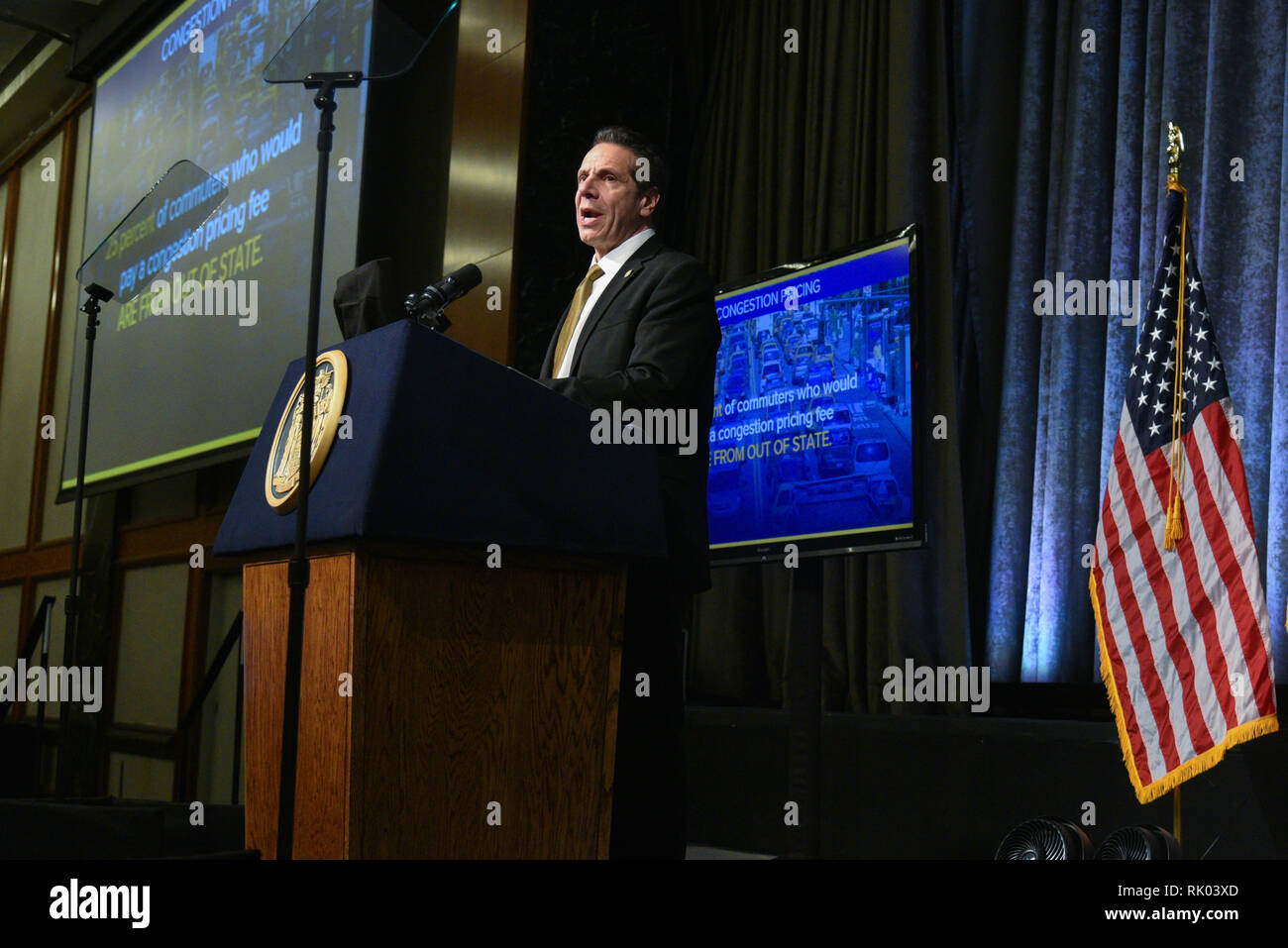 New York, USA. 7 février 2019. New York, USA. 7 février 2019. Andrew Cuomo, le gouverneur de New York, parle à ABNY- Association pour un meilleur New York déjeuner à l'hôtel Hilton New York le 7 février 2019. Crédit : Erik Pendzich/Alamy Live News Banque D'Images