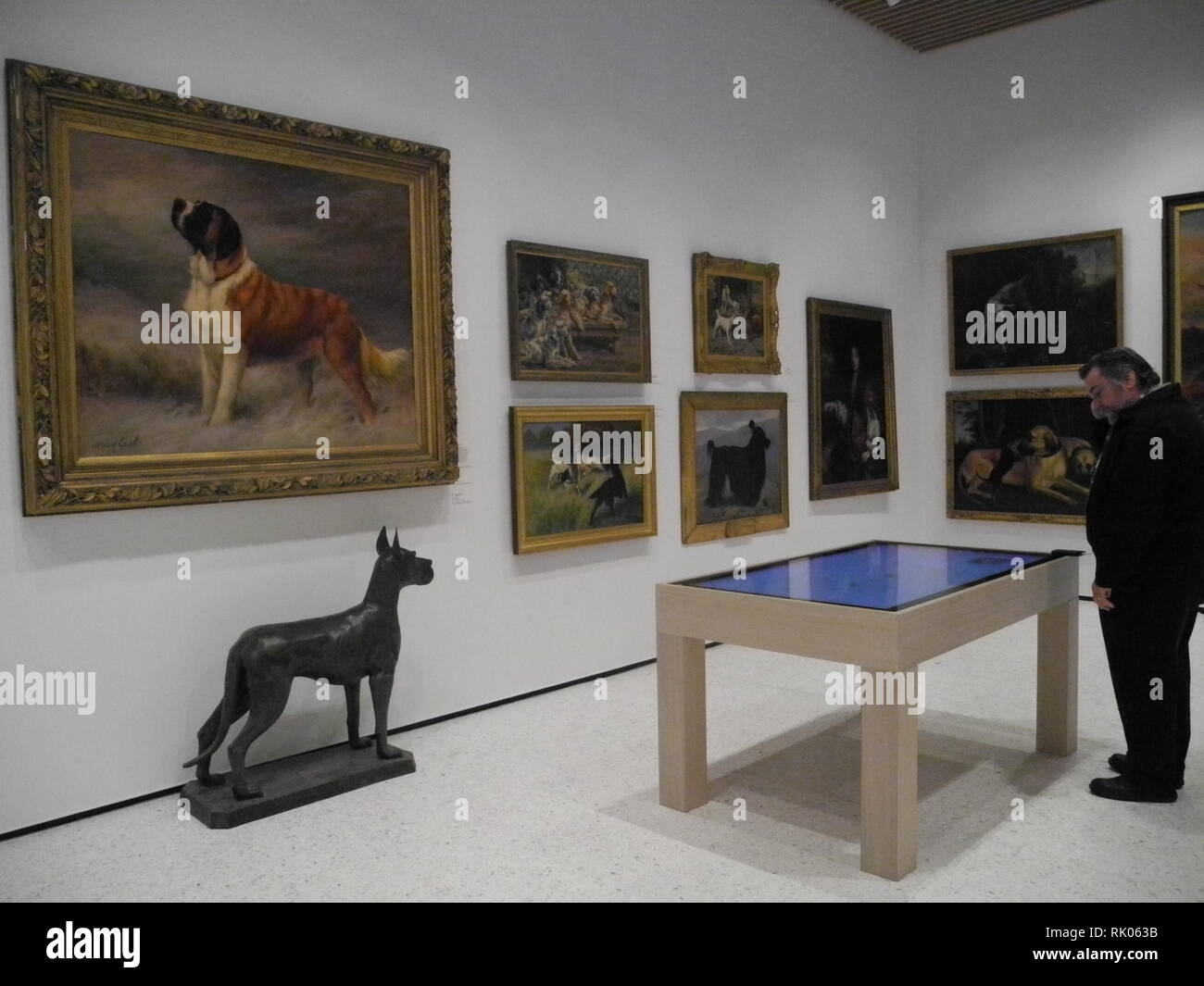 08 février 2019, nous, New York : un visiteur se trouve en face d'œuvres d'art dans le "musée du chien". New York a récemment ouvert son propre musée de nouveau avec le thème des chiens. Le musée est géré par l'American Kennel Club (AKC) et possède l'une des plus importantes collections d'art de chien dans le monde. Photo : Johannes Schmitt-Tegge/dpa Banque D'Images
