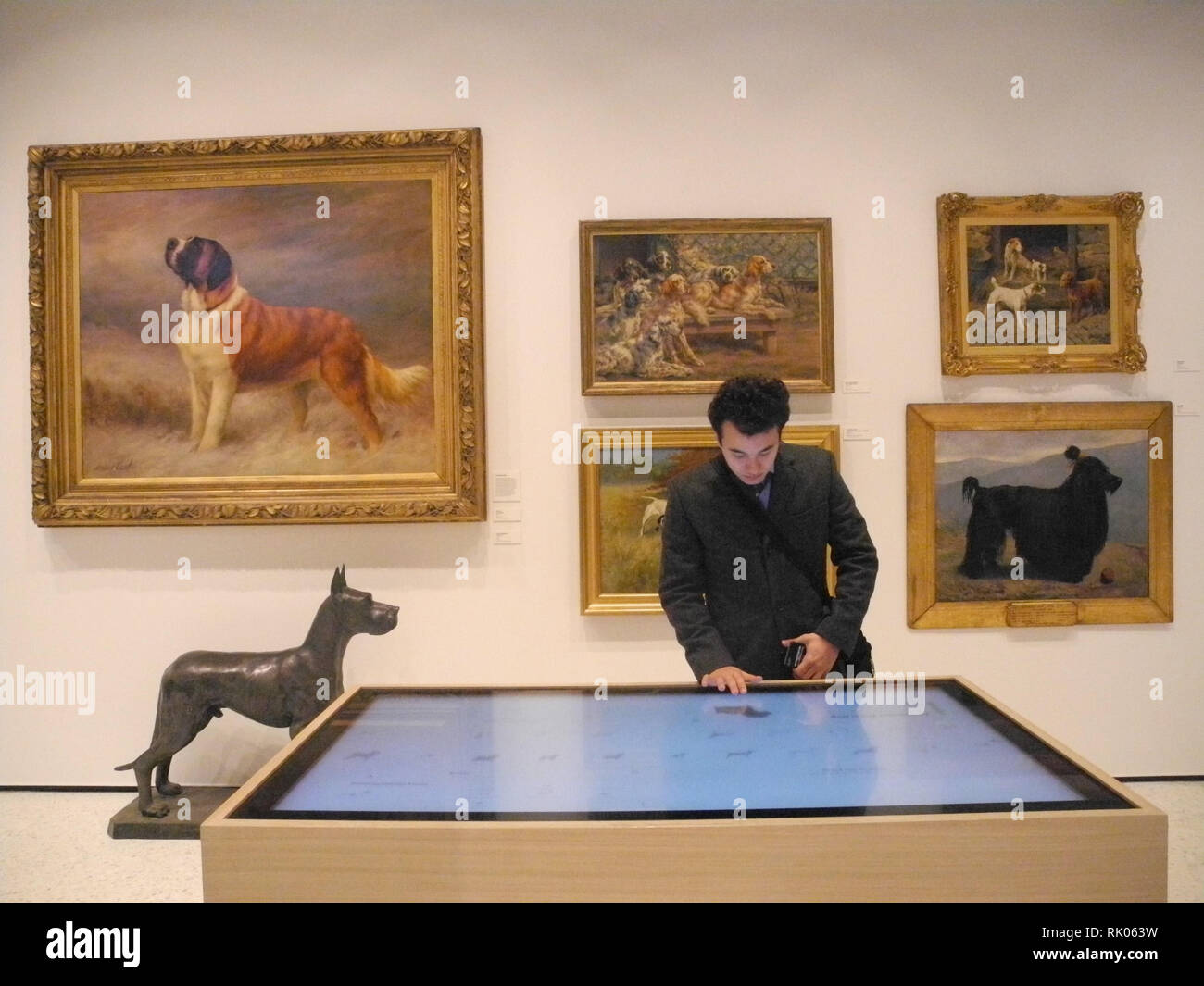 08 février 2019, nous, New York : un visiteur se trouve en face d'œuvres d'art dans le "musée du chien". New York a récemment ouvert son propre musée de nouveau avec le thème des chiens. Le musée est géré par l'American Kennel Club (AKC) et possède l'une des plus importantes collections d'art de chien dans le monde. Photo : Johannes Schmitt-Tegge/dpa Banque D'Images