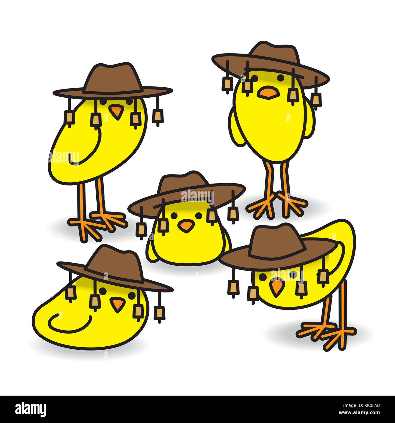 Cinq Poussins Aussie jaune fixant vers la caméra traditionnelle portant des  chapeaux bush australien Photo Stock - Alamy