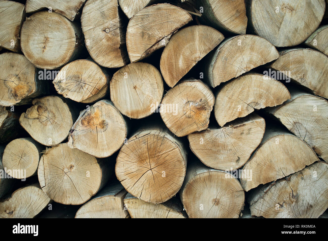 Gros plan du bois de chauffage coupé. Bois de chauffage empilé et prêt pour l'hiver tas de bois de sciage. Banque D'Images