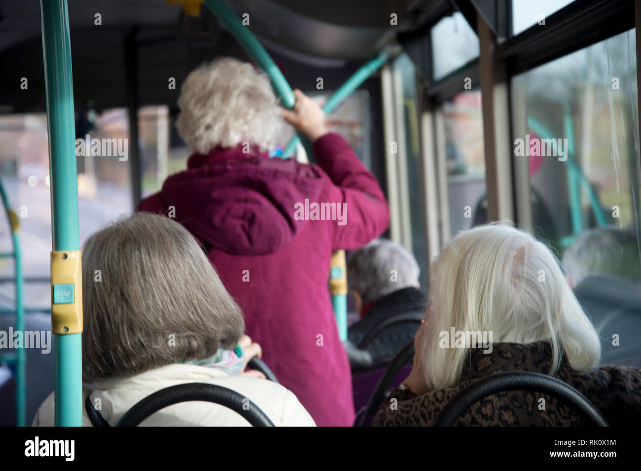 L'Angleterre. L'Essex. Le bus 351 Shenfield à Chelmsford. Les personnes âgées, surtout les femmes aux cheveux blancs. Banque D'Images