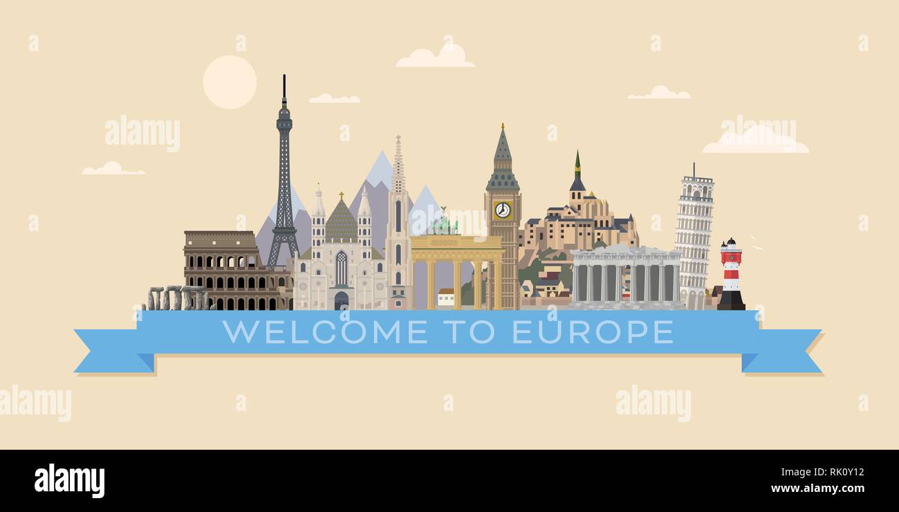 Bienvenue à l'Europe travel banner design plat vector illustration avec repères européens Illustration de Vecteur