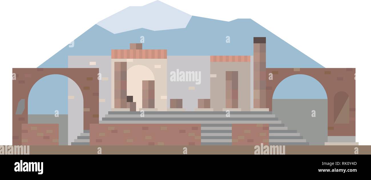Modèle plat icône vecteur isolé de ruines de Pompéi et le Vésuve en Italie Illustration de Vecteur