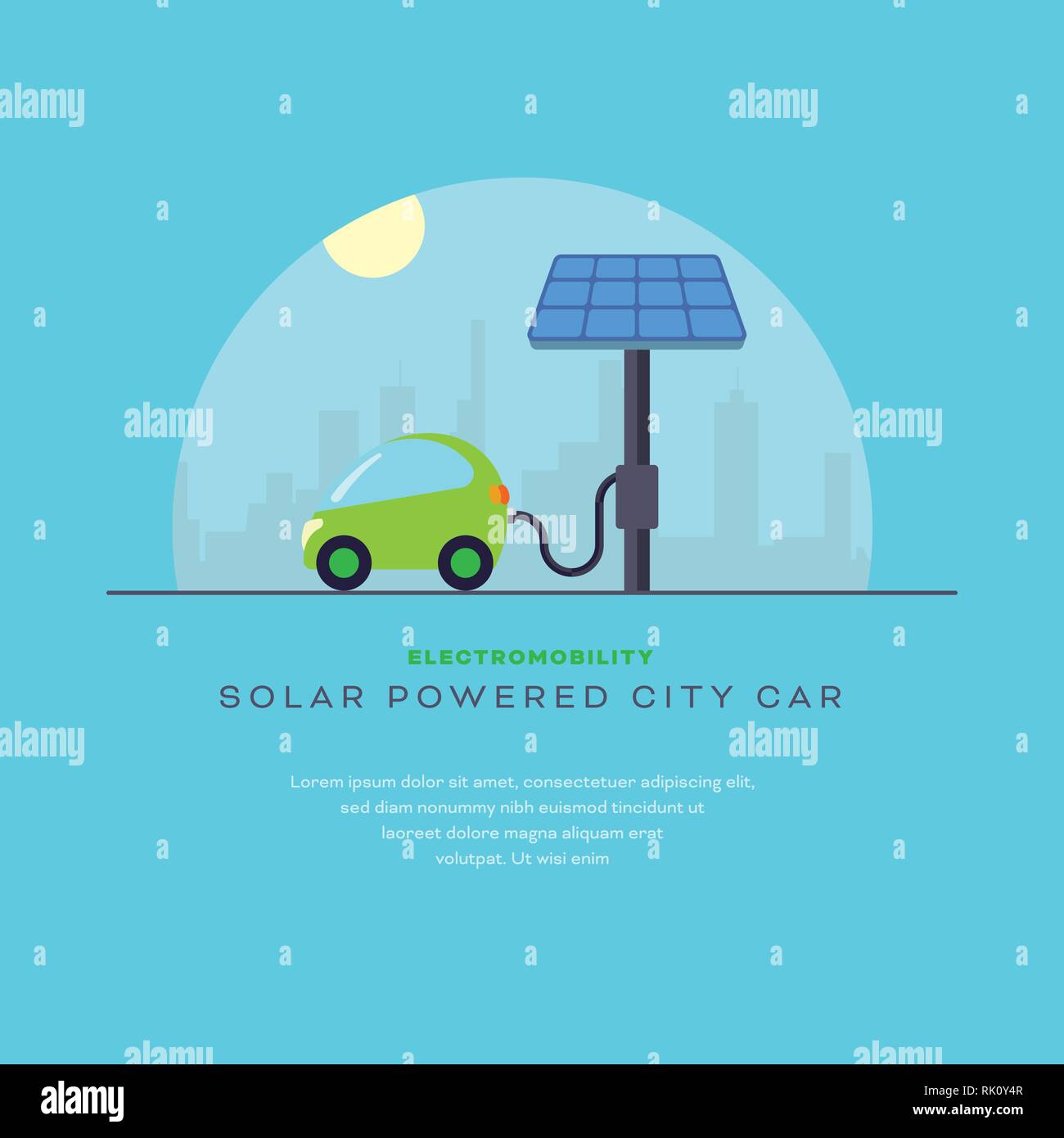 Concept l'électromobilité. Voiture compacte électrique alimenté à l'énergie solaire à charge de modèle de mise en page modèle plat vector illustration Illustration de Vecteur