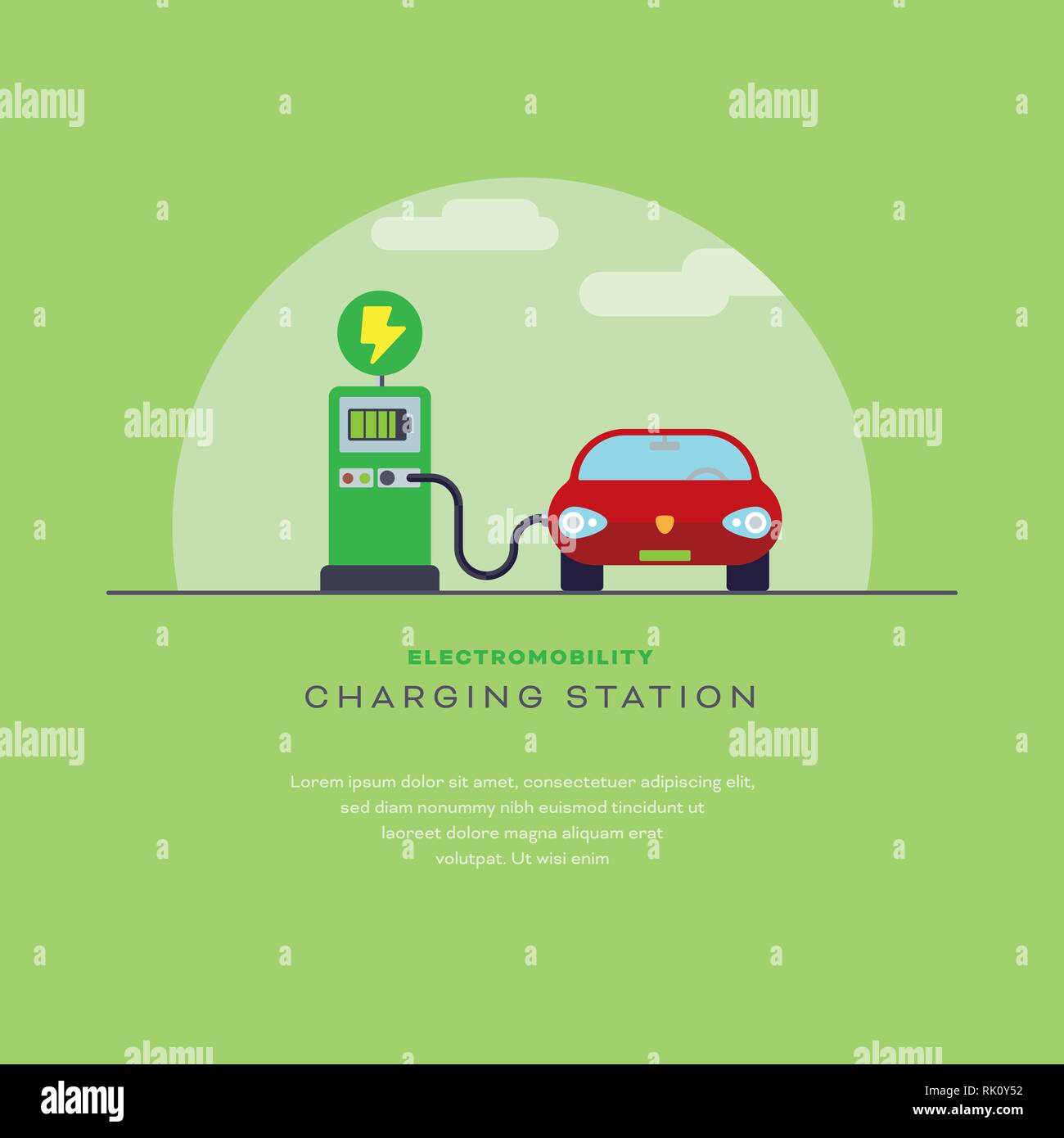 Concept l'électromobilité. Station de charge de voiture électrique au modèle de mise en page modèle plat vector illustration Illustration de Vecteur