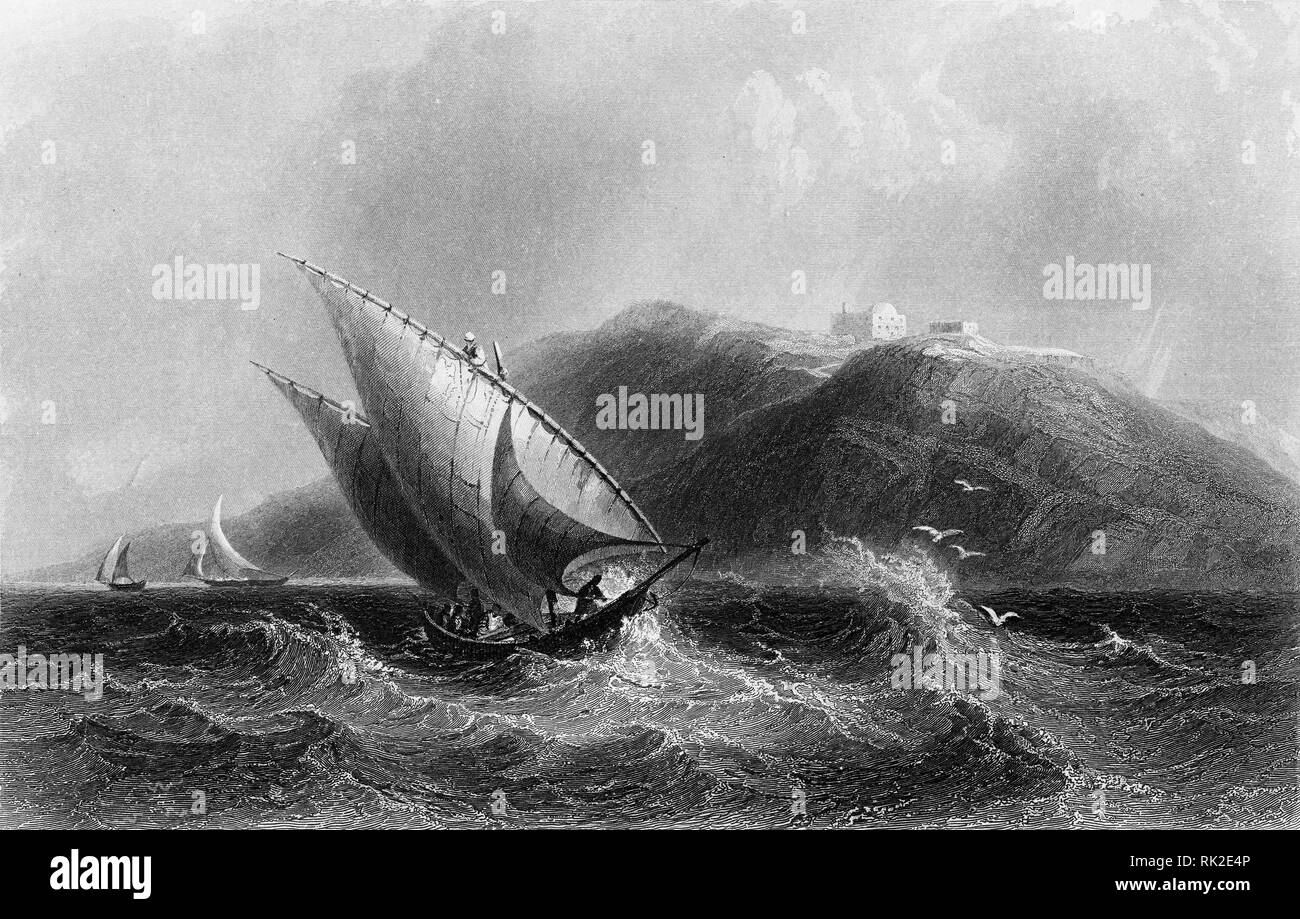 Gravure d'un bateau de pêche et le Mont Carmel en Israël. À partir de la Bible, peut-être Self-Interpeting l'édition 1843. Banque D'Images