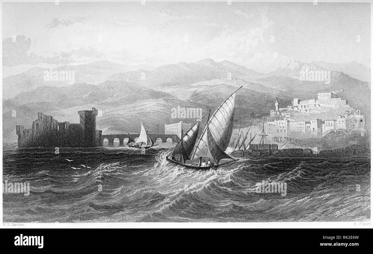 Gravure d'un bateau de pêche et le Mont Liban en Israël. À partir de la Bible, peut-être Self-Interpeting l'édition 1843. Banque D'Images