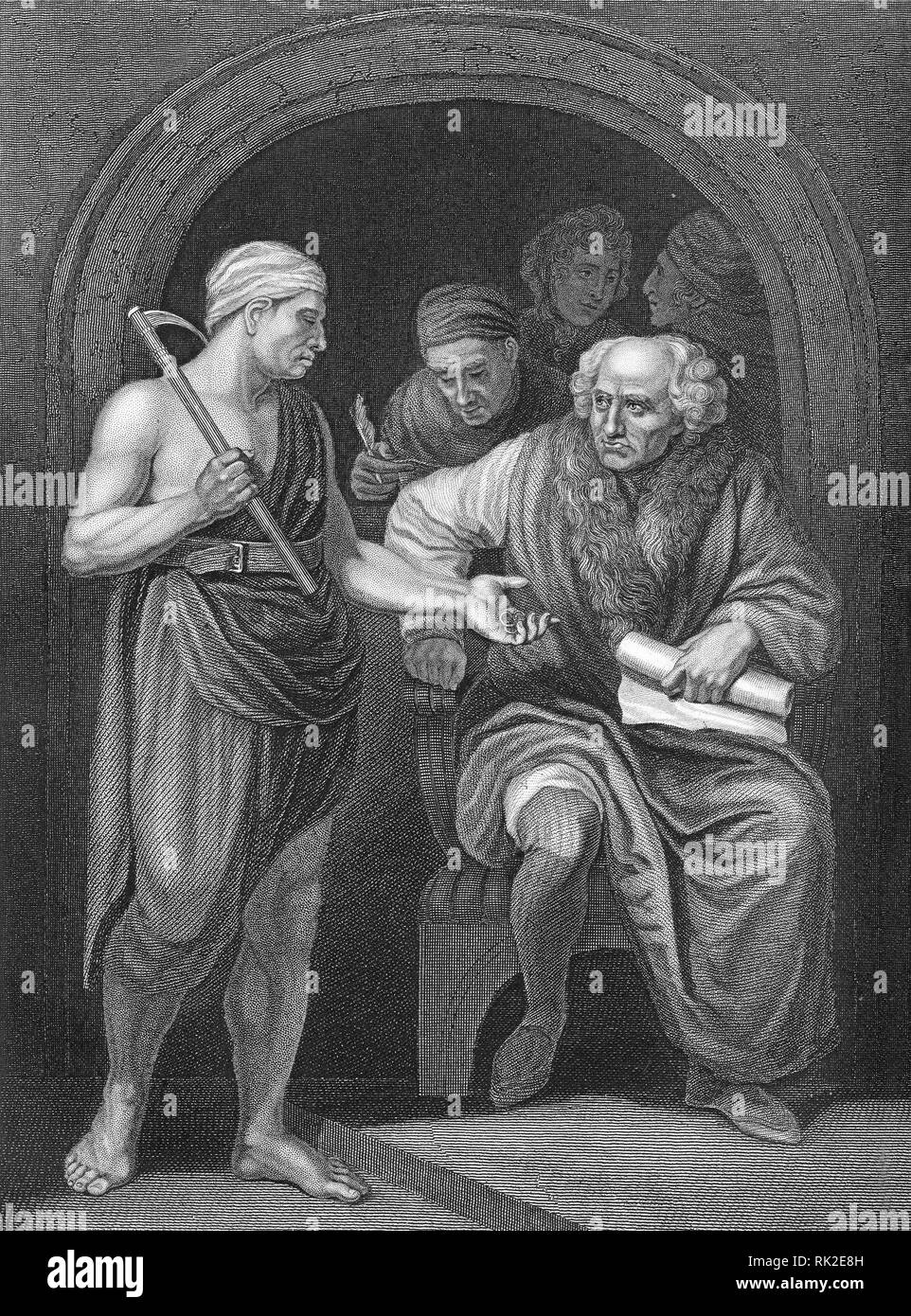 Gravure de la parabole où le maître de la vigne un homme pardonne ses dettes. À partir de la Bible, peut-être Self-Interpeting l'édition 1843. Banque D'Images