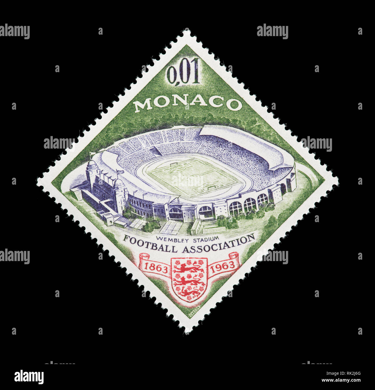 Timbres-poste de Monaco représentant le stade de Wembley et l'Association de football britannique emblème, centenaire de l'Association de football britannique Banque D'Images