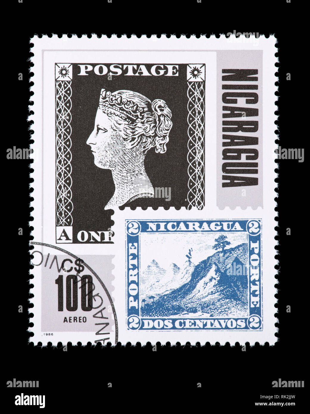 Timbre-poste représentant du Nicaragua un vieux timbres du Nicaragua et le penny black britannique, 125-ième anniversaire de l'émission de timbres Banque D'Images