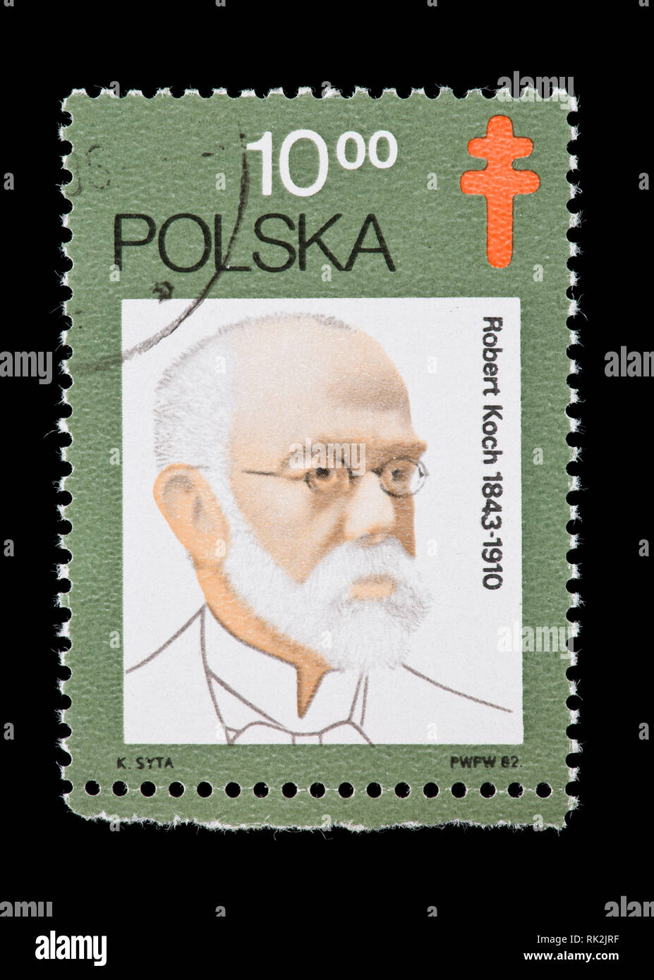 Timbre-poste de la Pologne représentant Robert Koch, découvreur de l'anthrax et des bactéries tuberculeuses Banque D'Images