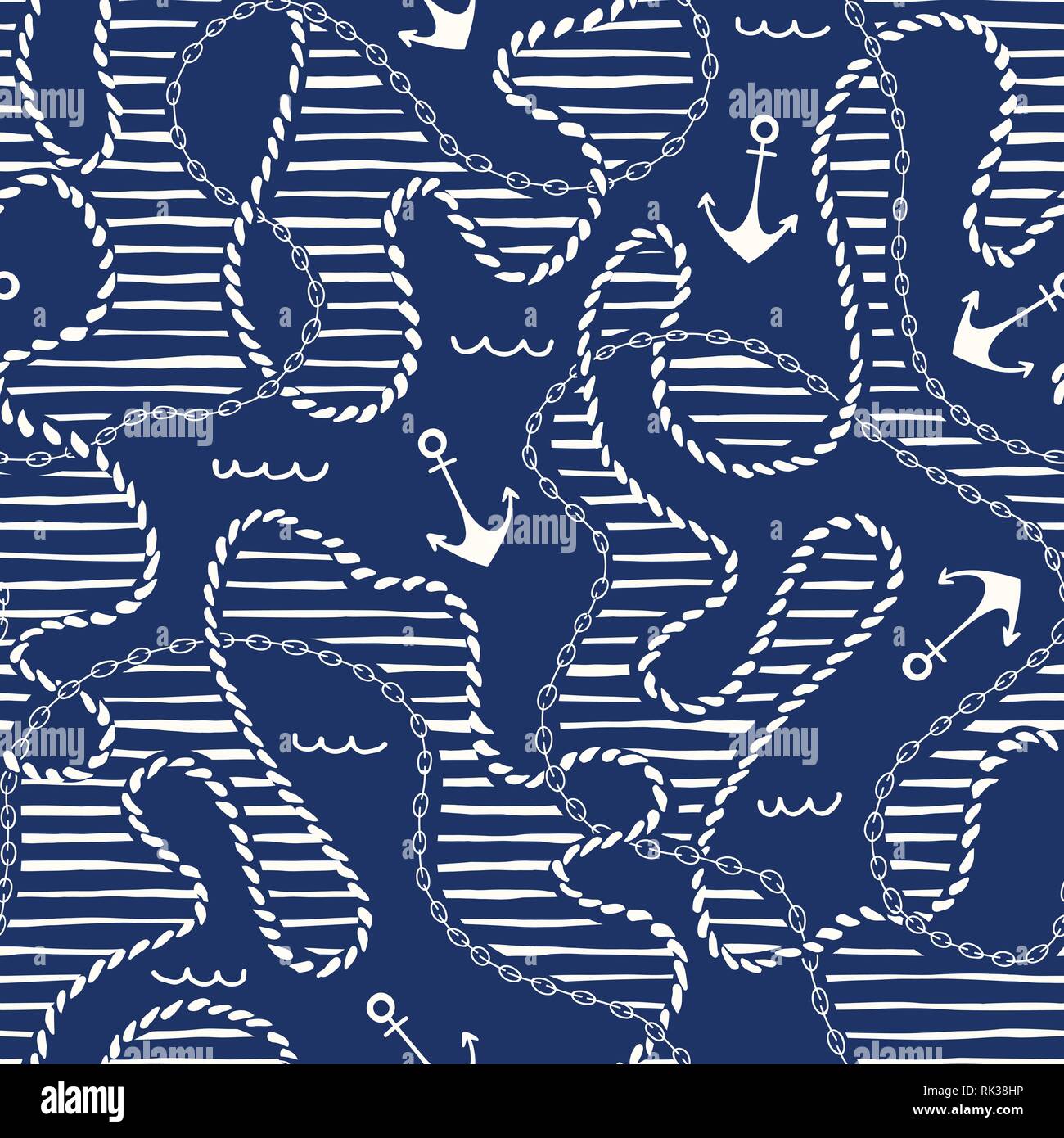 Hand-Drawn corde entrelacés, des chaînes, des ancres, des rayures motif transparent vecteur. Fond marin bleu monochrome. Sea, Ocean Éléments. Illustration de Vecteur
