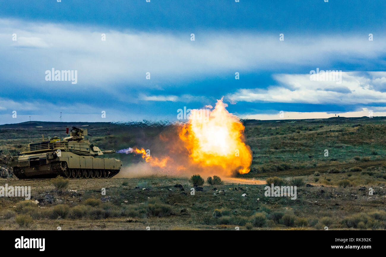 La Compagnie Alpha, 2e Bataillon, 116e régiment de cavalerie, conduite de l'équipage du réservoir 6 table 4 février 2019, Orchard Centre d'instruction au combat. Les soldats de la Garde nationale de l'Armée de l'Idaho sont la préparation de la 116e Brigade calvaire à venir l'équipe de combat de la rotation au centre de formation national, Fort Irwin, en Californie, plus tard cette année. Banque D'Images