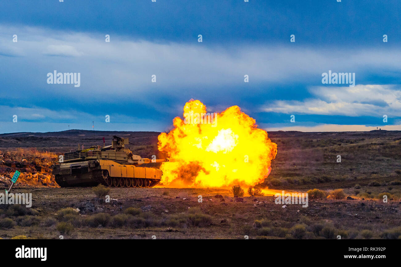 La Compagnie Alpha, 2e Bataillon, 116e régiment de cavalerie, conduite de l'équipage du réservoir 6 table 4 février 2019, Orchard Centre d'instruction au combat. Les soldats de la Garde nationale de l'Armée de l'Idaho sont la préparation de la 116e Brigade calvaire à venir l'équipe de combat de la rotation au centre de formation national, Fort Irwin, en Californie, plus tard cette année. Banque D'Images