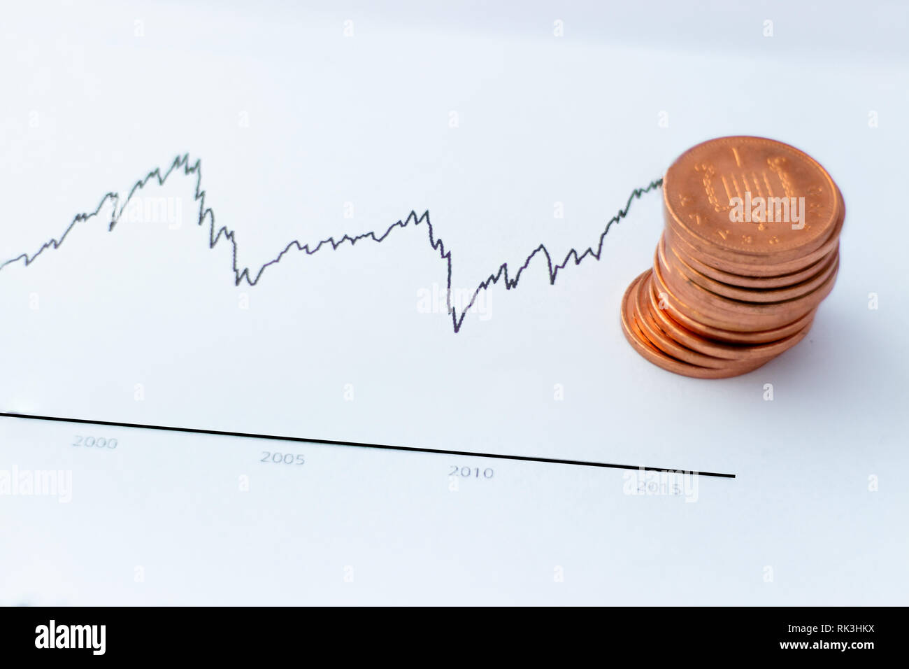 Graphique montrant l'évolution rapide de l'argent/actions/finances avec beaucoup British Pound penny pièces le graphique clair blanc. Banque D'Images