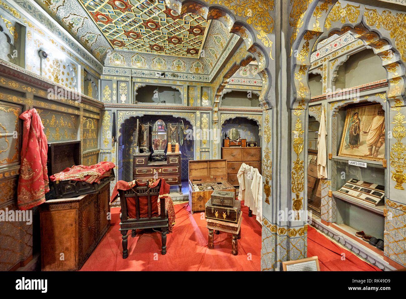 Capture d'intérieur orné et décoré Kothari Patwa Haveli, Jaisalmer, Rajasthan, India Banque D'Images