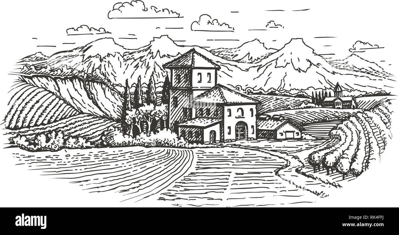 Hand drawn paysage rural. Ferme, vignoble, croquis de l'agriculture. Vintage vector illustration Illustration de Vecteur